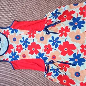 Sunshine Swing Floral Sleeveless Dress with Red and Blue Accents